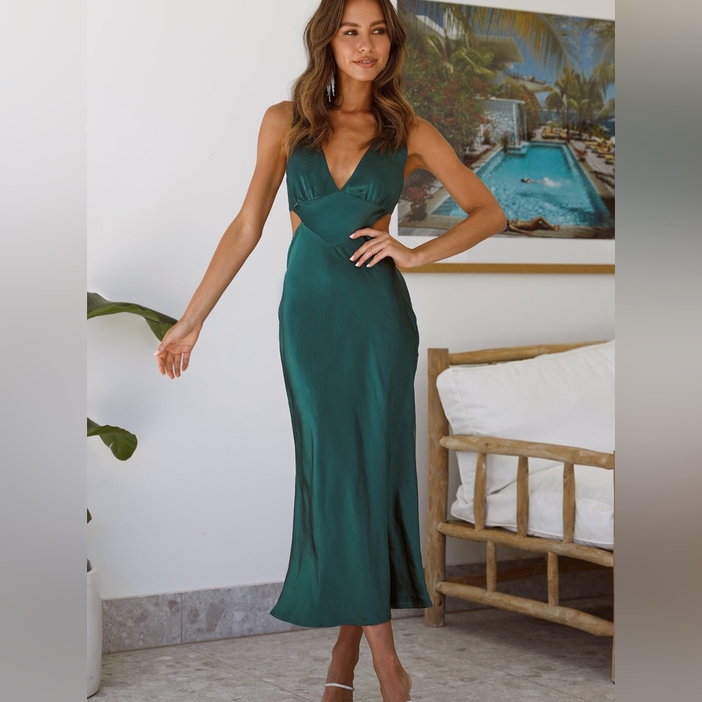 NWT Hello Molly Always Sleek Satin Midi Dress teal cut out size 6